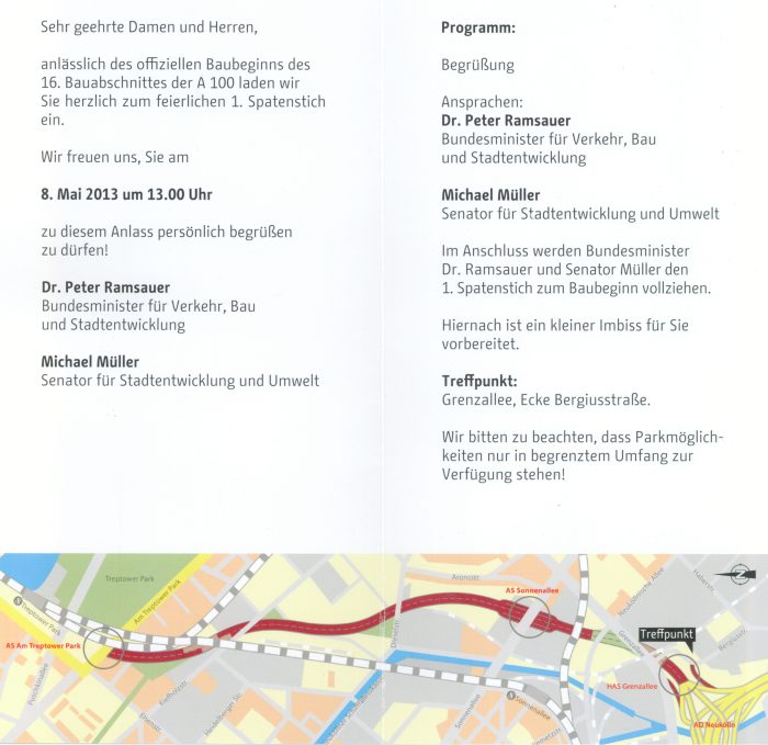 Einladung zum feierlichen 1. Spatenstich Bundesautobahn A100 / 16. Bauabschnitt Neubau vom AD Neukölln zur AS Am Trepotower Park