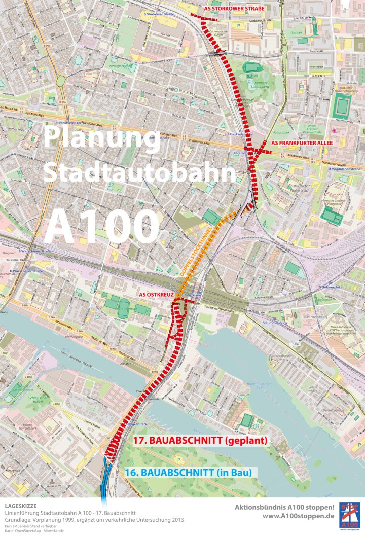 Karte: Planung des 17. Bauabschnitts der Stadtautobahn A100 Treptow-Friedrichshain-Lichtenberg