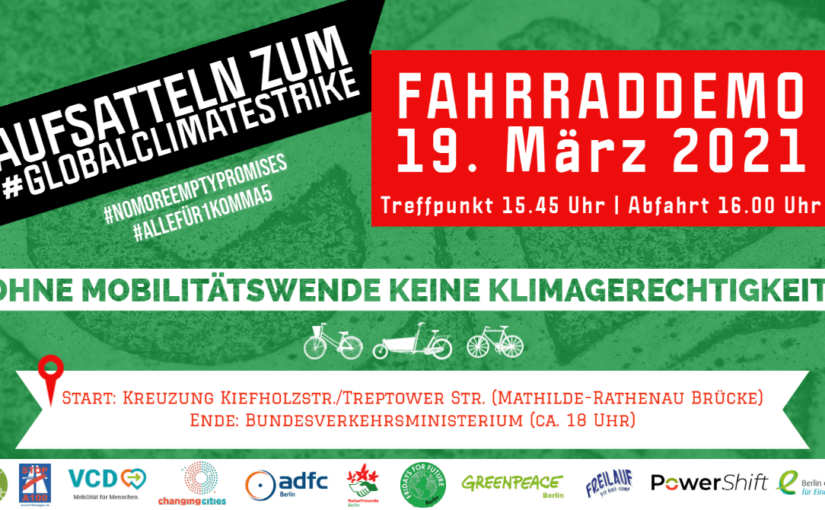 Fahrraddemo am 19.03.2021: Ohne Mobilitätswende keine Klimagerechtigkeit + Open-Air-Kino