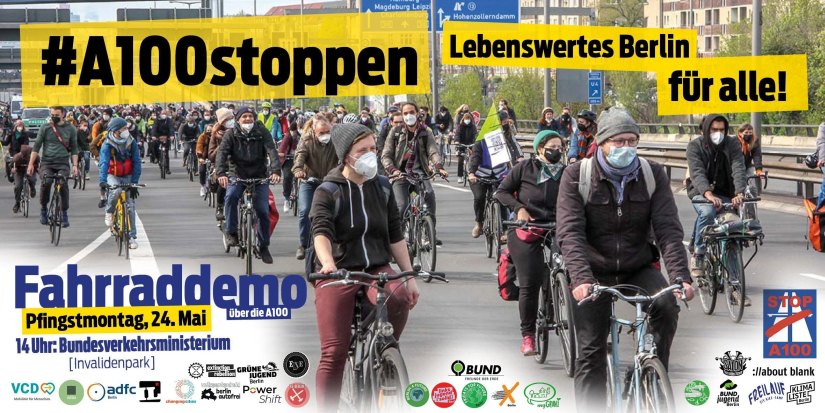 #A100stoppen – lebenswertes Berlin für alle! Fahrrad-Demo über die Stadtautobahn am Pfingstmontag, 24.05.2021