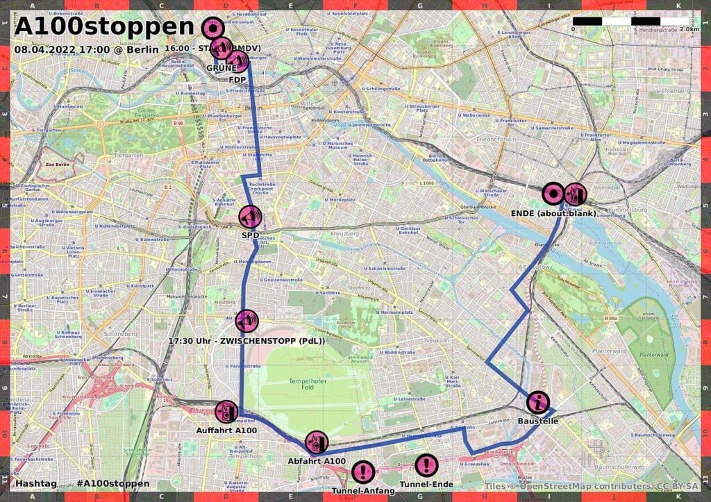 Route der Fahrrad-Demo A100stoppen am 8.4.2022