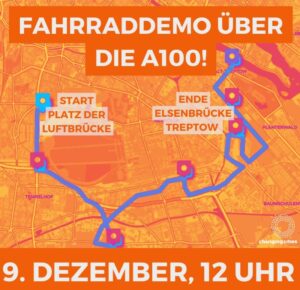 Route der Fahrrad-Demo A100 stoppen am 9.12.2023 in Berlin