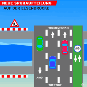Neue Spurauteilung auf der Elsenbrücke in Berlin-Treptow: eine Radspur wird zur Autospur