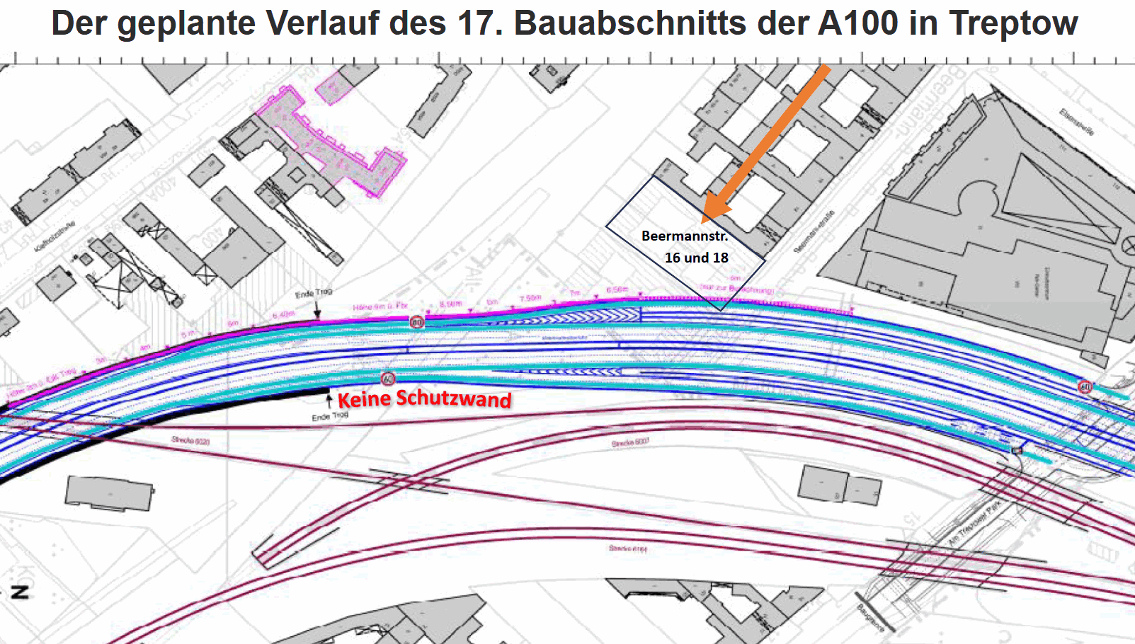 Planung: Verlauf der Stadtautobahn A100 17. Bauabschnitt an der Beermannstraße in Berlin-Treptow