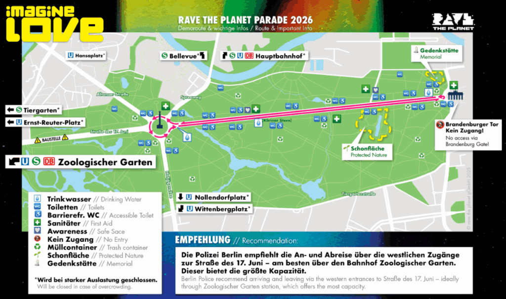 Demo-Route und Anfahrt zur Rave The Planet Loveparade 2026 in Berlin