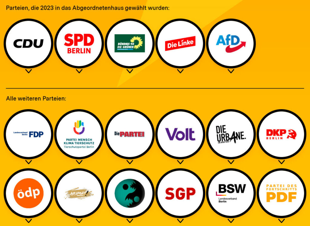 Alle 17 Parteien, die zur Abgeordnetenhaus-Wahl in Berlin am 20.9.2026 antreten